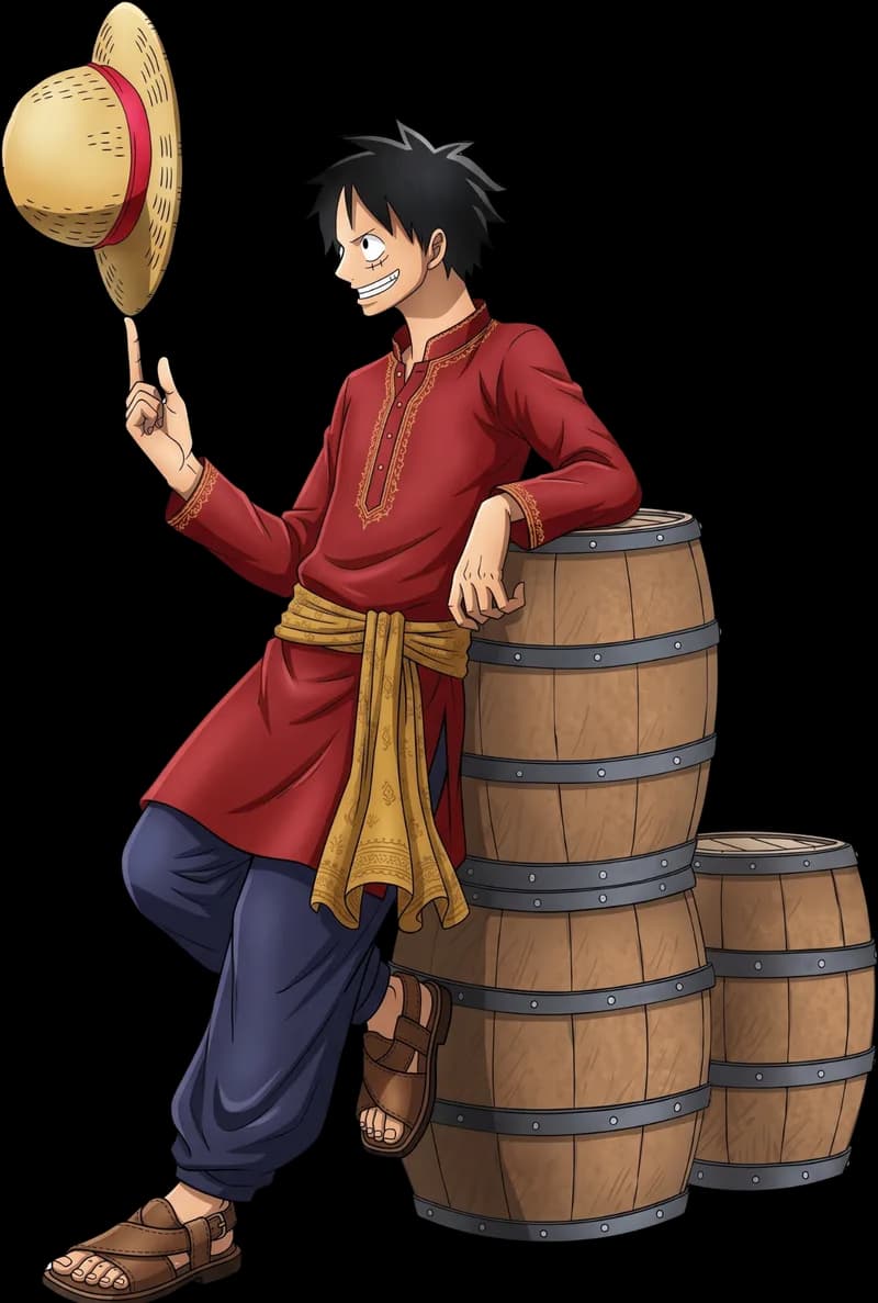 Luffy in a red kurta leaning on barrels